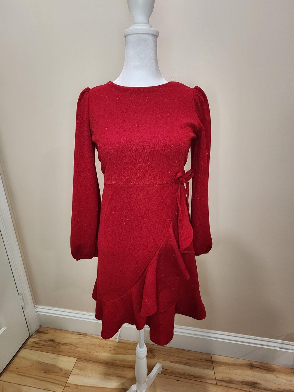 Red Shimmer Ruffle Mini Dress Long Sleeve Wrap Front Tie Waist Party Holiday